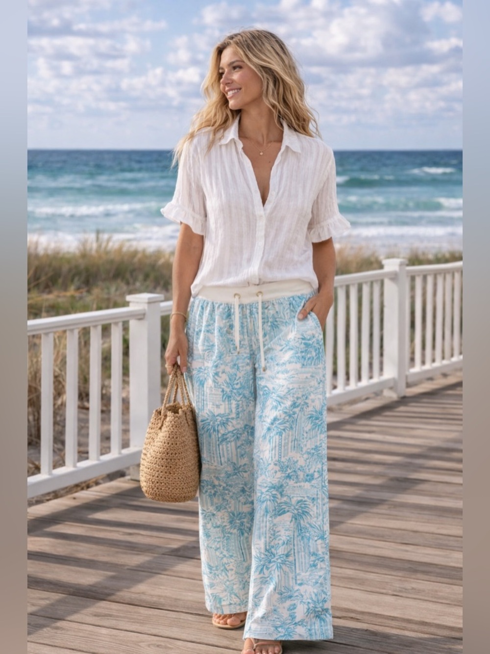 Lilly Pulitzer Beach Pants Small 33” Inseam Blue White palm Print Linen Sz Small - Picture 12 of 14